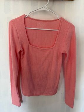 American Eagle Outfitters Coral Pink Ribbed Square Neck Long Sleeve Top